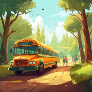 a rectangle image of a school bus by a park with parent 2