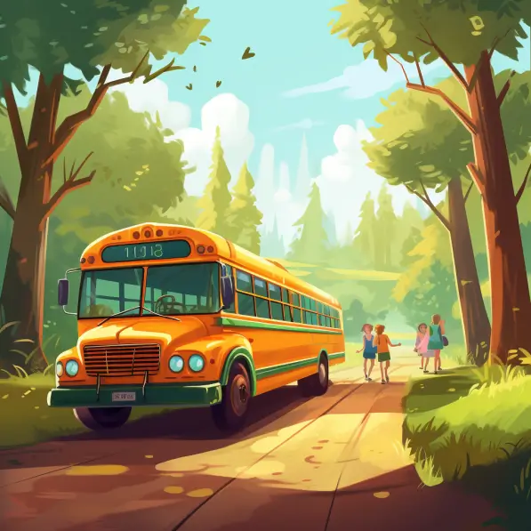 a rectangle image of a school bus by a park with parent 2